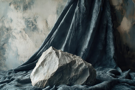 A gray rock rests on a blue fabric draped against a textured wall, creating a minimalist and abstract composition.の素材