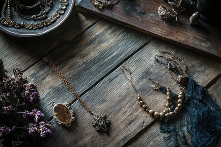 A collection of vintage jewelry and accessories are arranged on a rustic wooden tabletop, showcasing the delicate craftsmanship and ornate details of each piece.の素材
