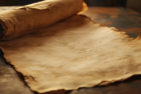 A close-up of a rolled parchment manuscript being unfurled on a rustic wooden surface.の素材