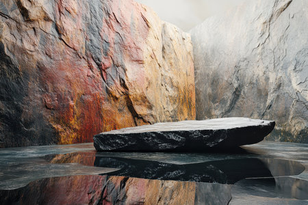 A black stone platform sits in front of a rocky cave background.の素材