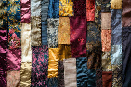 A close-up view of a colorful patchwork fabric with various textures and patterns.の素材