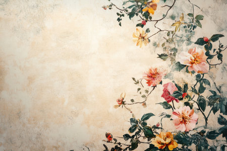 A watercolor painting of delicate pink and yellow flowers with green leaves on a beige textured background.の素材