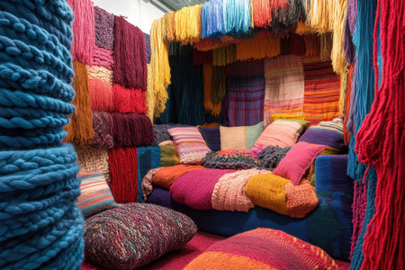 A room with colorful woven yarns and pillows, creating a whimsical and cozy atmosphere.の素材