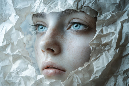 A woman&#39;s face is partially obscured by a sheet of crumpled paper, revealing only her eyes and nose.の素材