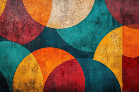 An abstract geometric pattern consisting of colorful circles and semi-circles painted on a weathered, textured wall.の素材