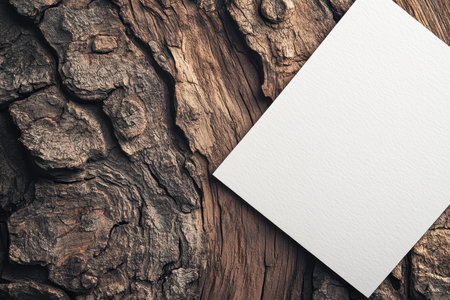 A white sheet of paper placed on a rustic wooden bark surface, providing a natural and textured background.の素材