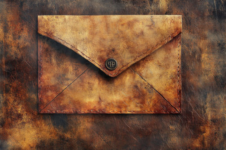 A close-up image of a sealed brown leather envelope with a wax stamp.の素材