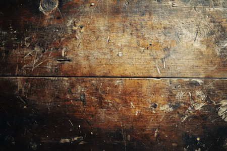 The image showcases a close-up of an aged, worn wooden surface with visible grain patterns and numerous scratches.の素材