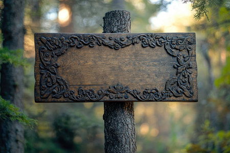 A close-up of a weathered wooden signpost with intricate carvings, set against a backdrop of blurred forest foliage.の素材