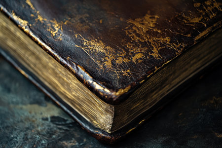 A detailed close-up of the gilded edge and worn leather cover of an antique book.の素材