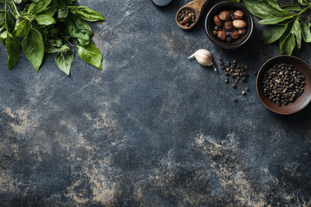 A variety of spices, including black peppercorns, nutmeg, garlic, and basil leaves, are arranged on a dark rustic background.の素材