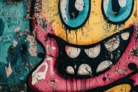 A close-up shot of a graffiti piece depicting a smiling face with dripping paint.の素材