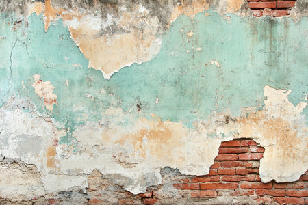 A close-up of an old wall with peeling paint revealing the exposed brick underneath. The wall shows signs of age and wear, creating a distressed and textured appearance.の素材
