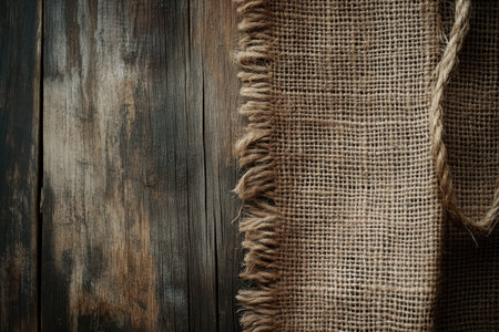 A close-up of burlap fabric draped over weathered wooden planks.の素材