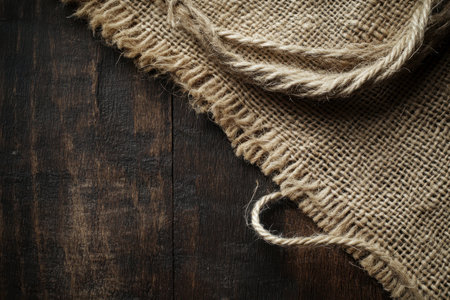A close-up image of burlap fabric and rope resting on a wooden surface.の素材