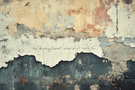 A close-up image of a weathered wall with peeling paint and a handwritten message, creating a textural, aged background.の素材