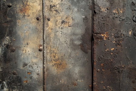 A close-up of a rusty metal surface with flaking paint and rivets. The surface is weathered and distressed, showing signs of age and use.の素材