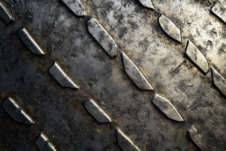 A close-up image of a worn metal surface with a diagonal pattern of grooves and a rough, textured look.の素材