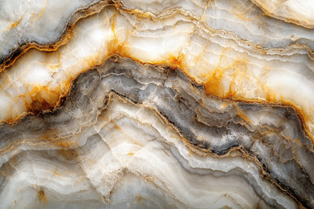 The image showcases a close-up of a polished marble slab, revealing its intricate, wavy pattern of white, gray, brown, and gold veins.の素材