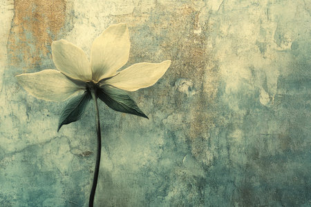 A single white flower with green leaves stands out against a weathered wall with green and gold tones.の素材