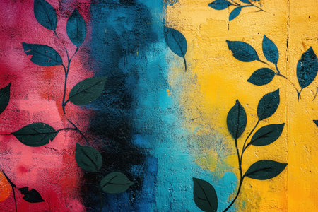 A close-up image of a wall painted in vibrant colors with black leaf silhouettes and a textured surface.の素材