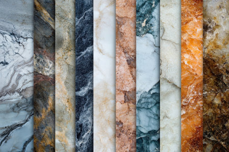 A close-up image showcasing a collection of different marble slabs with varied colors and veining patterns.の素材