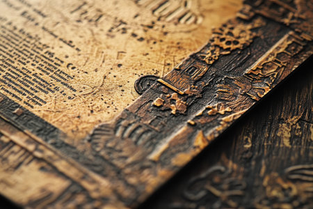 A close-up view of a meticulously crafted, aged leather-bound book with intricate embossed details.の素材