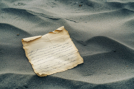 A close-up of a weathered, handwritten note lying on a textured sandy surface.の素材