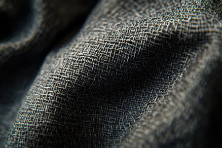 A close-up of the texture of gray woven fabric, revealing the intricate detail of the interwoven threads.の素材