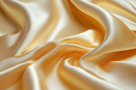 A close-up image of golden satin fabric, showcasing its soft, flowing drapes and luxurious texture.の素材