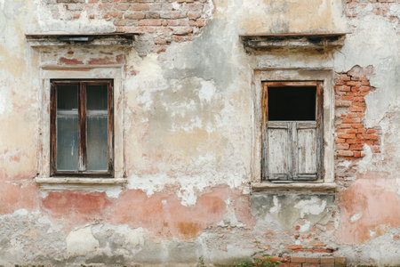 A close-up of a brick wall with two windows, one with a broken window pane and the other with boarded-up shutters.  The wall is old and weathered, with peeling plaster and exposed brick.の素材