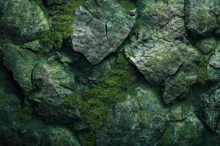 A close-up of a rock face covered in lush green moss.の素材