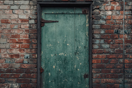 A close-up view of a weathered green wooden door set into an old brick wall.の素材