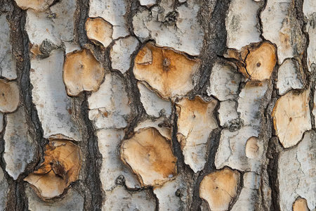 A detailed close-up image of tree bark with flaking layers and visible growth rings.の素材