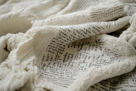 A close-up of a white knit fabric with black ink writing.の素材