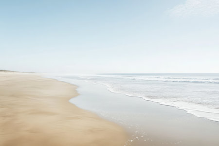 A panoramic view of a sandy beach meeting the calm ocean waters under a bright blue sky.の素材