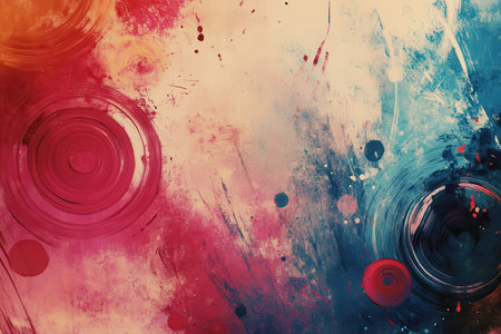 A digital abstract painting with swirling red and blue patterns on a textured beige background.の素材