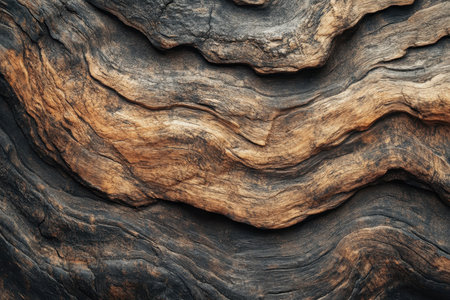 A close-up of weathered wood featuring intricate grain patterns and a mix of brown and dark shades.の素材