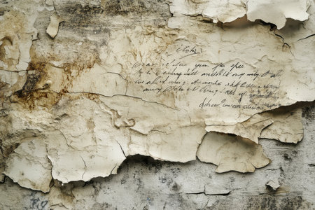 An old, peeling wall with handwritten text visible through the cracks and flaking paint.の素材