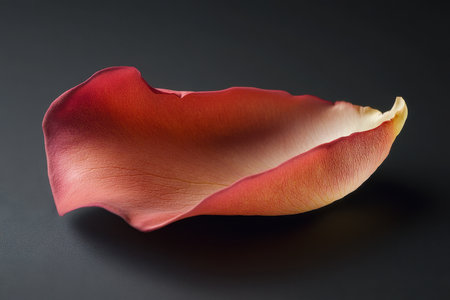 A single, delicate rose petal in shades of red, orange, and yellow is captured in close-up against a black background. The petal's intricate texture and gentle curves create a visually captivating image.の素材