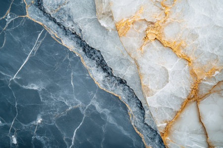 A close-up of a marble slab featuring a striking contrast between dark blue and white sections, with intricate gold veining throughout.の素材