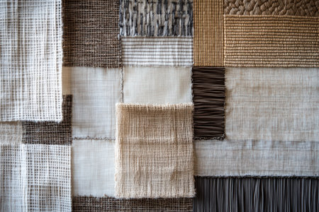 A close-up of a wall featuring a variety of woven fabric samples in different textures and colors.の素材