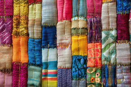 A close-up image showcasing the intricate details of a patchwork fabric wall hanging, revealing a vibrant mix of colors and patterns in a unique and artistic composition.の素材