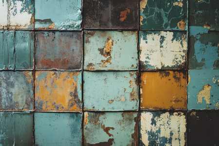 A close-up shot of a metal paneling with various colors, showing signs of rust, chipping, and wear.の素材