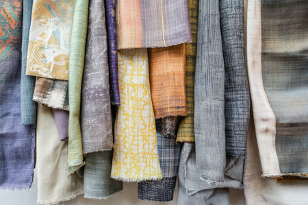 A close-up image of various fabrics hanging on a white wall, showcasing their diverse textures and patterns.の素材
