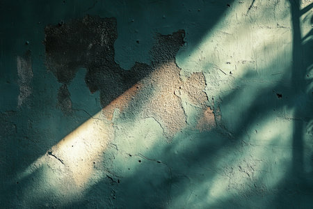 A close-up shot of a cracked green wall illuminated by sunlight, casting shadows and revealing its textured surface.の素材