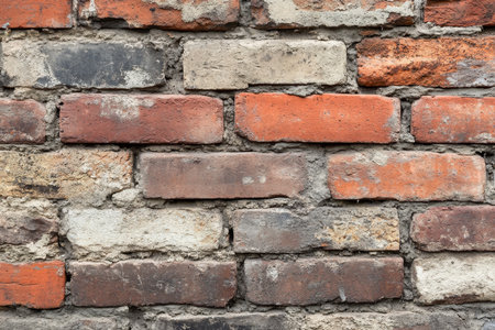 A close-up of a weathered brick wall with mortar and irregular brick placement.の素材