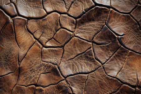 A close-up image revealing the intricate texture of cracked brown leather, showcasing its natural aging and unique surface pattern.の素材