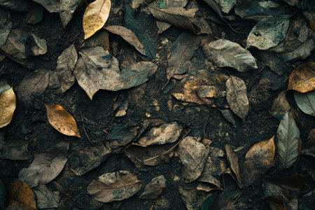 A collection of dried leaves in various shades of brown lie on a dark, damp ground, creating a textured and organic visual.の素材