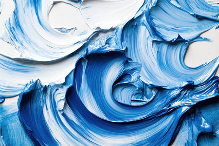 An abstract painting with thick blue and white oil paint swirls, creating a dynamic and textured composition.の素材
